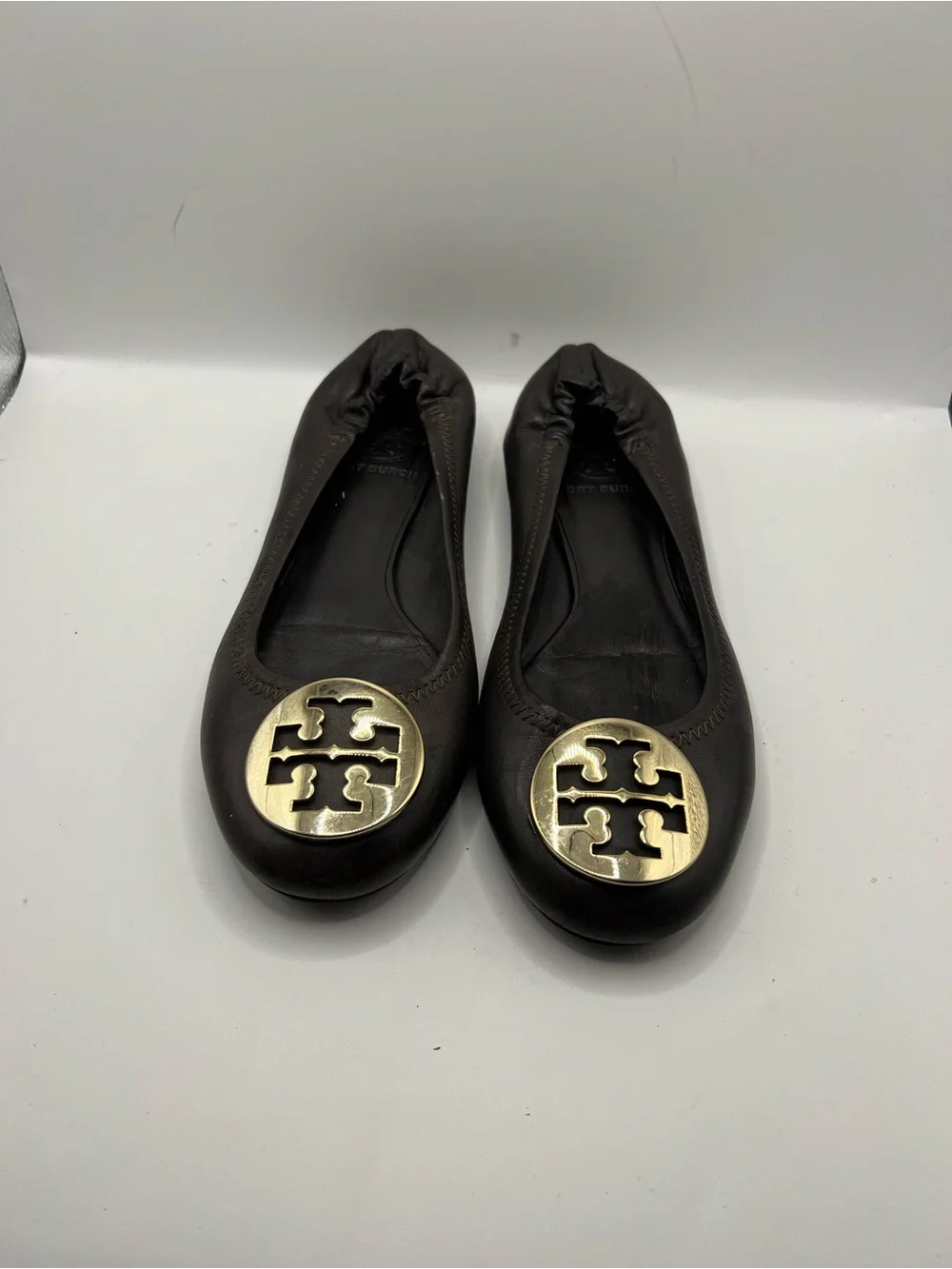 Tory Burch Dark Brown Leather Logo Ballet Flats with Gold Emblem